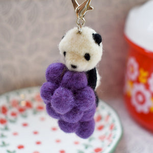 Bell-Panda Japanese Cute Handmade Needle Felted Keycharm Panda Holding a Grapes RARE FIND ZAKKA