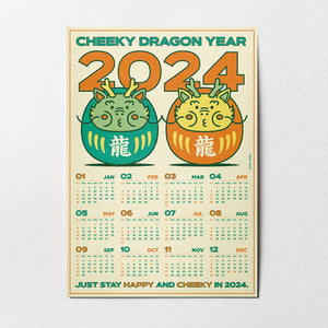 cheeky cheeky hk hong kong funny 香港 有趣 Year of the Dragon 龍年 2024 Daruma Retro 厚達摩 A3 Poster Calendar 年曆海報