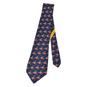 Salvatore Ferragamo Vintage Silk Pattern Necktie Navy Blue / "Bird on a Pot"