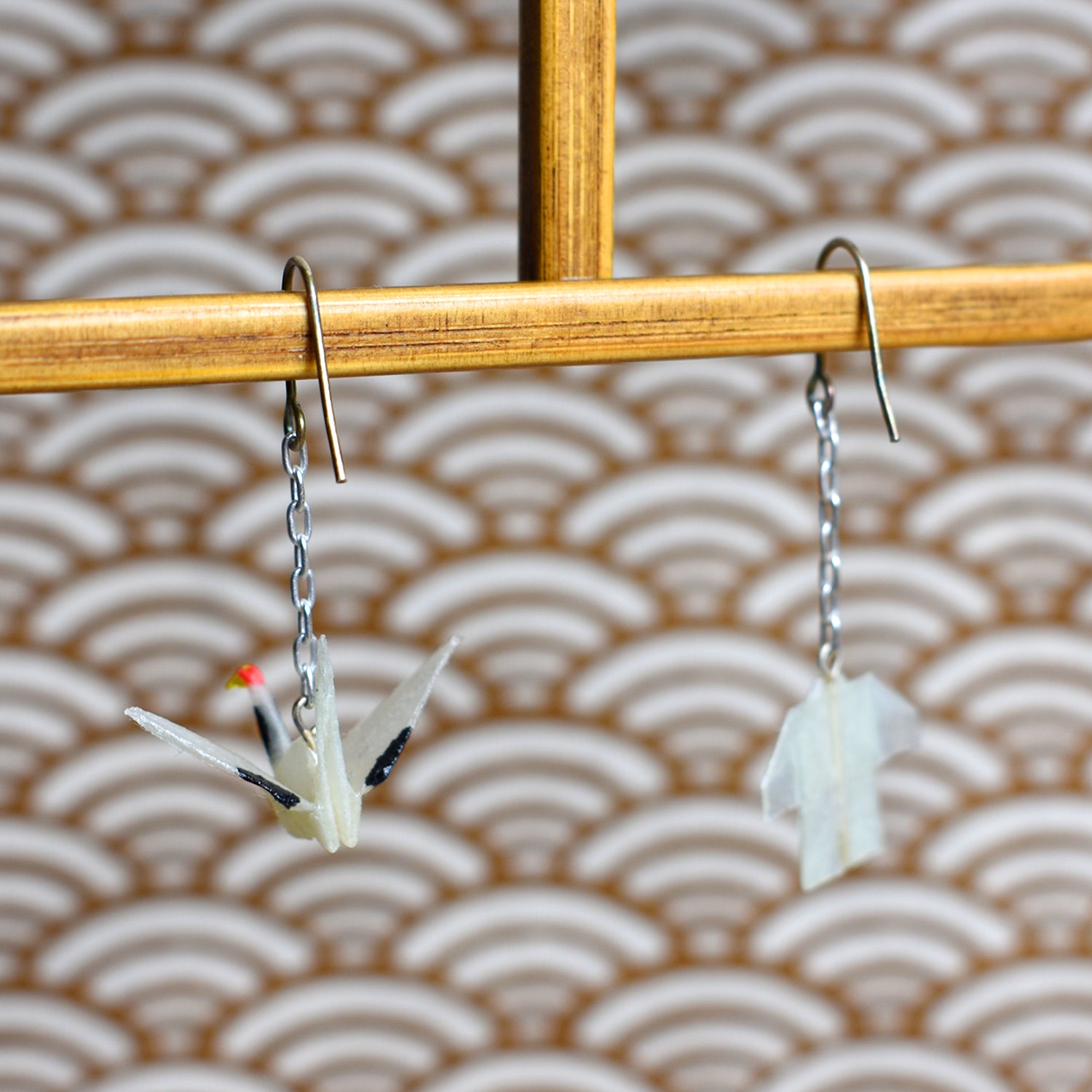 White Crane & Japanese Kimono Paper Origami Pierced Earrings