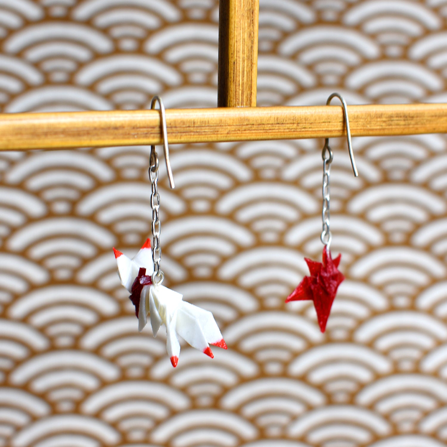 Two-tailed White Fox & Japanese Maple Leaf Paper Origami Pierced Earrings
