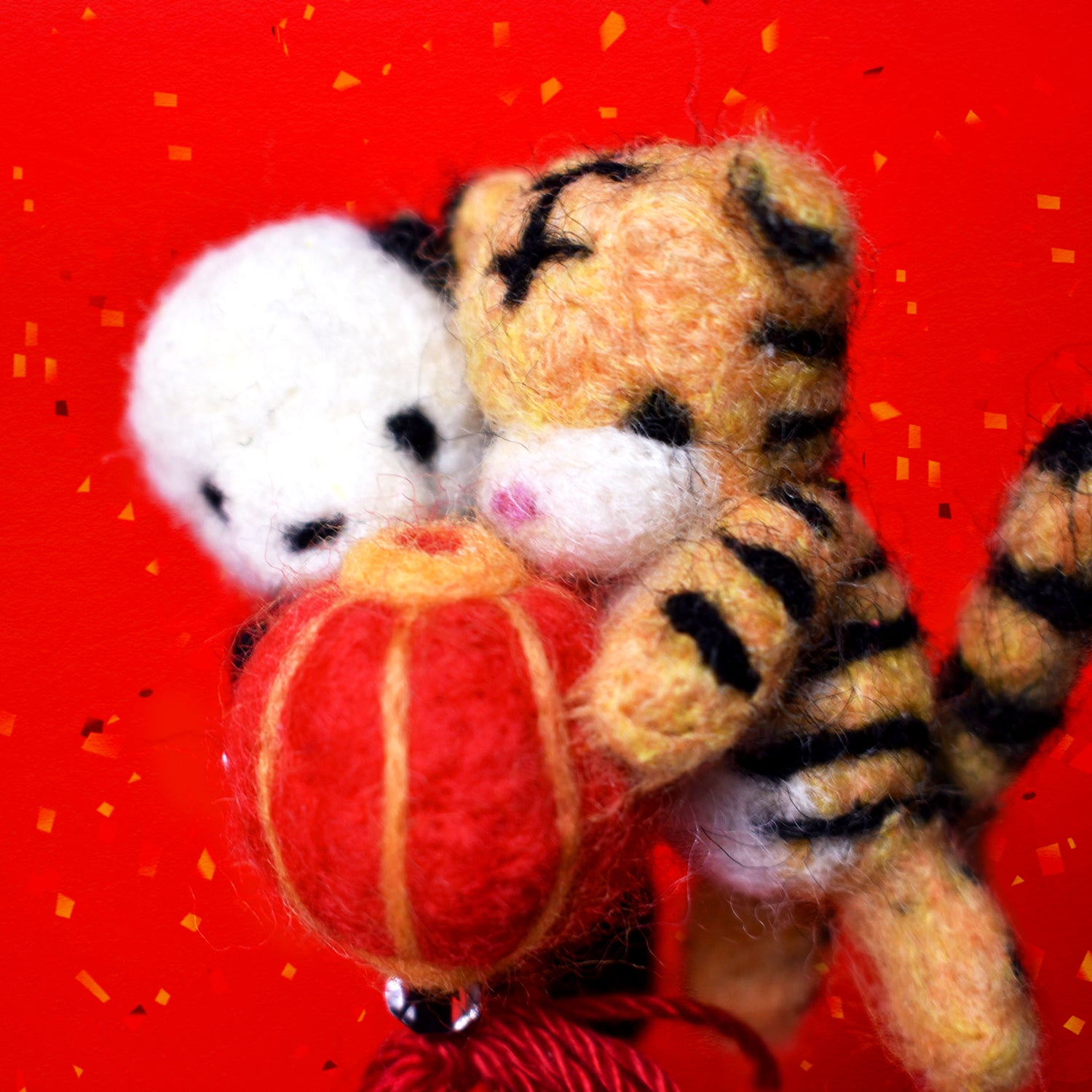 Panda and Tiger holding Chinese Lantern Needle Felted Brooch -Chinese New Year Limited Edition-