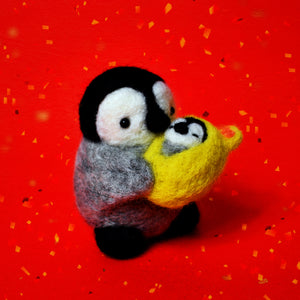 Penguin Mother holding a Tiger Penguin Baby Needle Felted Figure -New Year Limited Edition-