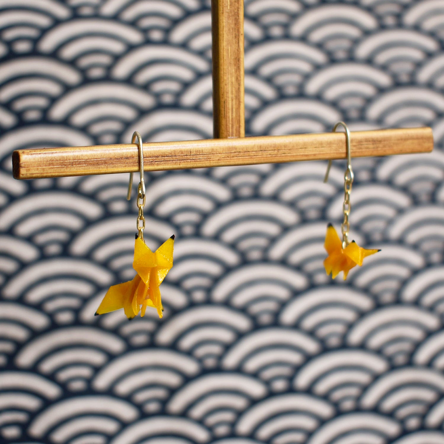 cha origami Japanese Handmade Traditional Accessories Yellow Fox Family Paper Origami Pierced Earrings RARE FIND ZAKKA