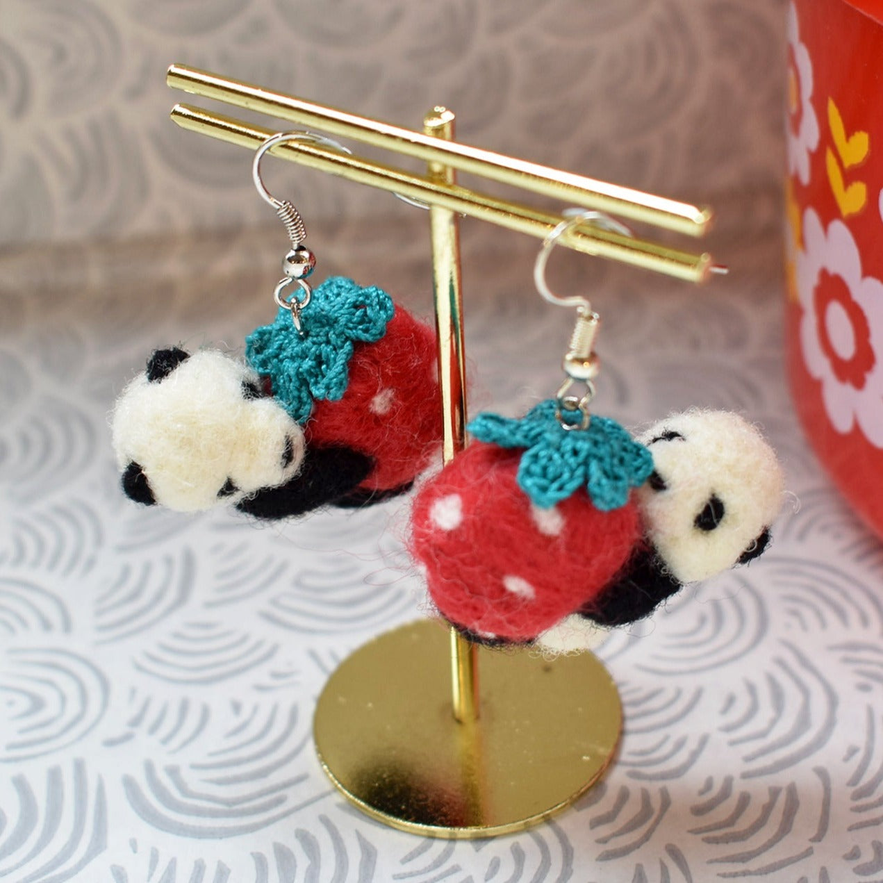 Bell-Panda Japanese Cute Handmade Needle Felted Earrings Panda Holding a Strawberry RARE FIND ZAKKA