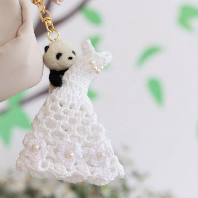 Wedding Dress and Panda Needle Felted Keychain