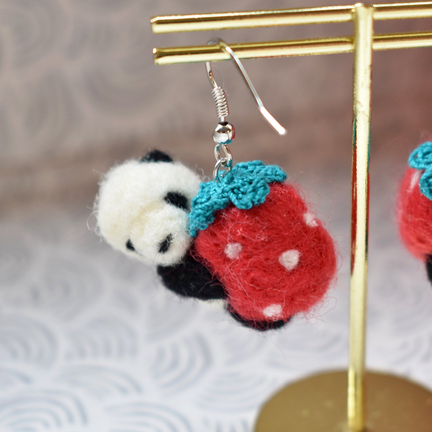 Panda Holding a Strawberry Needle Felted Pierced Earrings