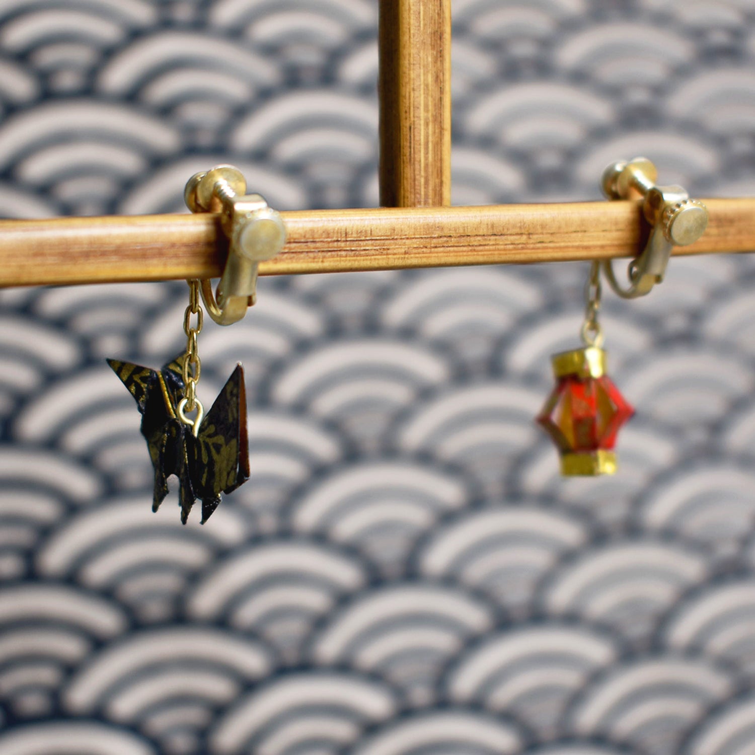 Black and Gold Fox & Red Lantern Origami Clip On Earrings