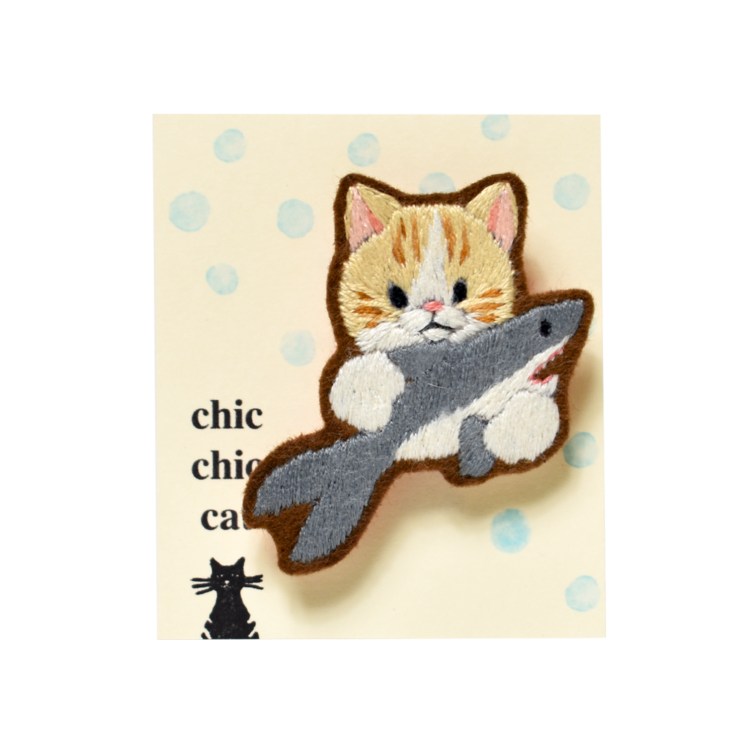 chic_chic_cat japanese handmade Cat Holding a Shark Embroidered Brooch RARE FIND ZAKKA