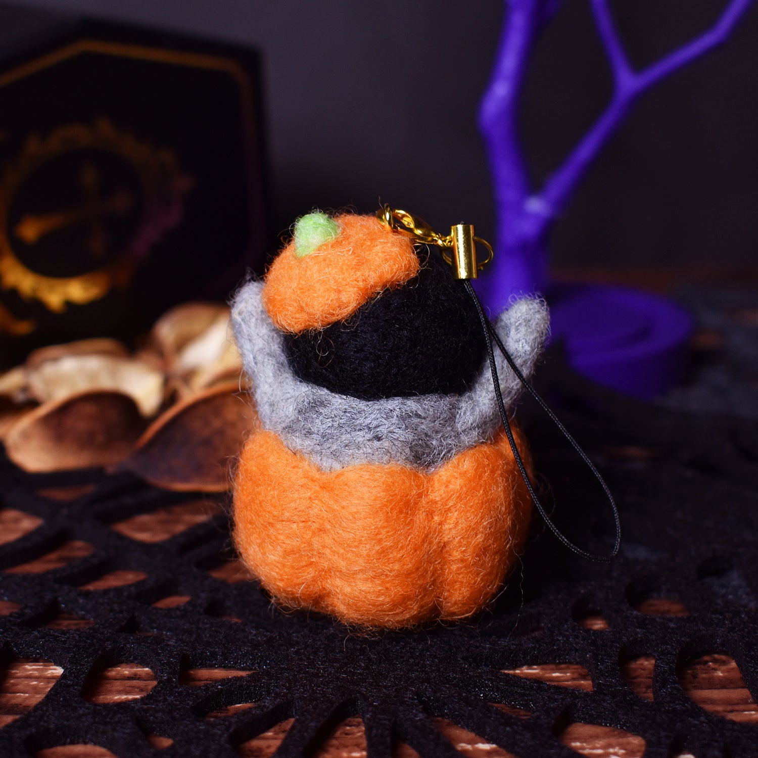 Trick or Treat! Penguin Coming Out of a Pumpkin Needle Felted Keychain -Halloween Limited Edition-