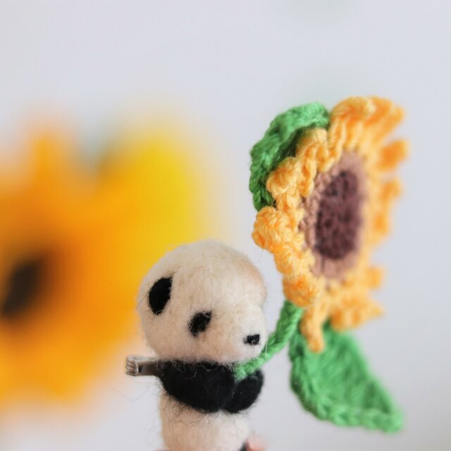 Panda and Sunflower Needle Felted Brooch