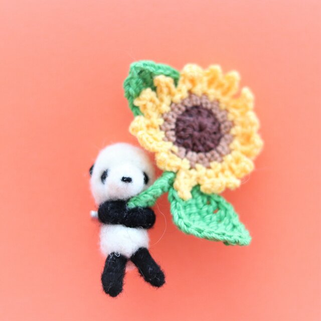 Panda and Sunflower Needle Felted Brooch