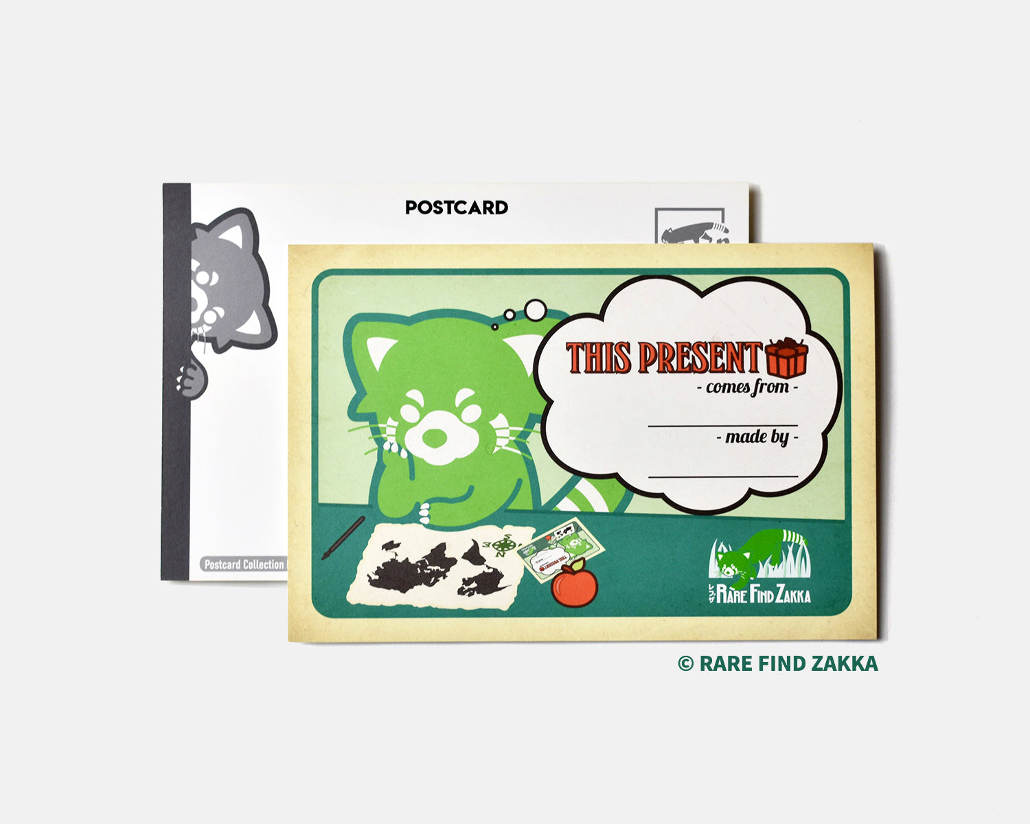Gift card with a green red panda thinking and writing postcard