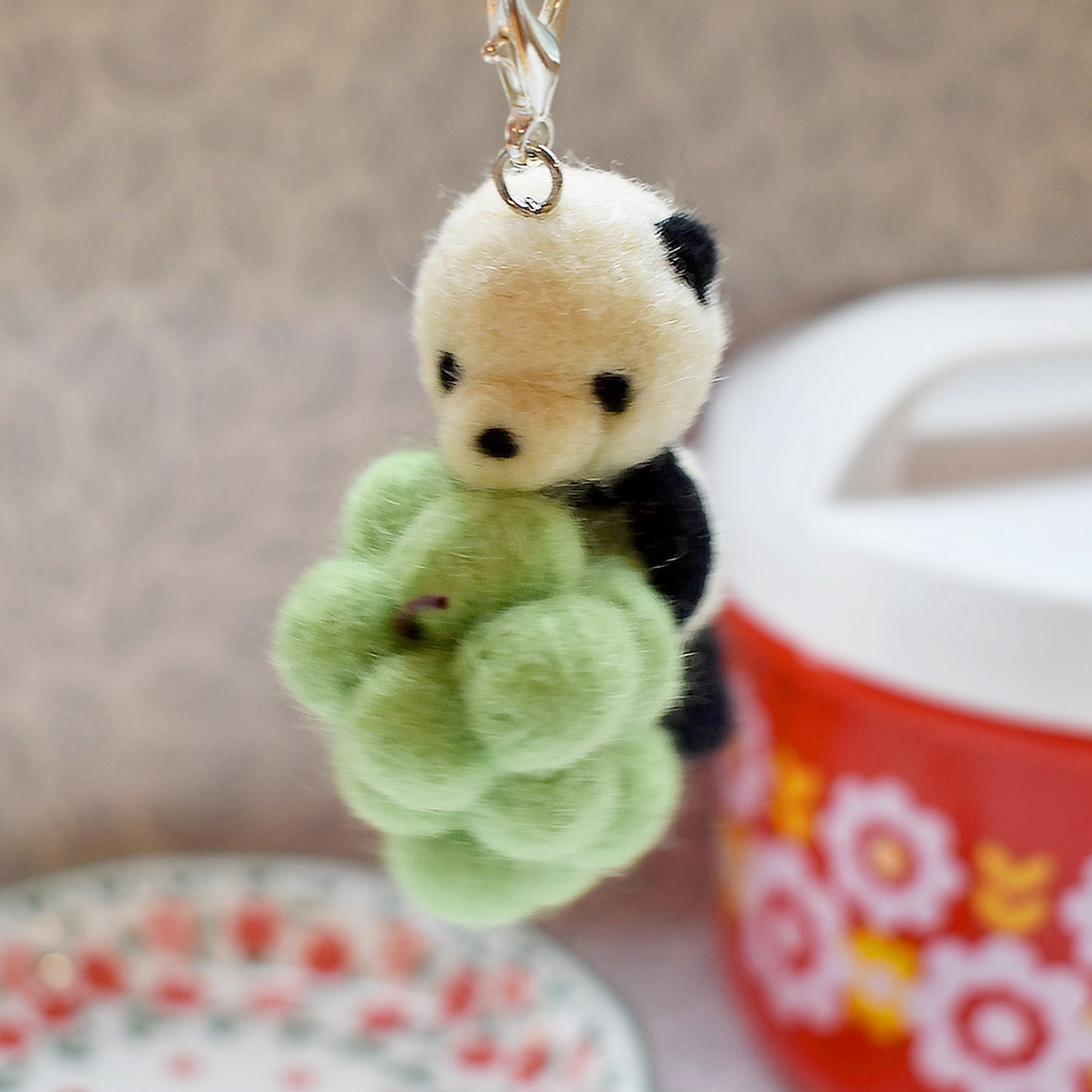 Bell-Panda Japanese Cute Handmade Needle Felted Keycharm Panda Holding a Muscat Grapes RARE FIND ZAKKA
