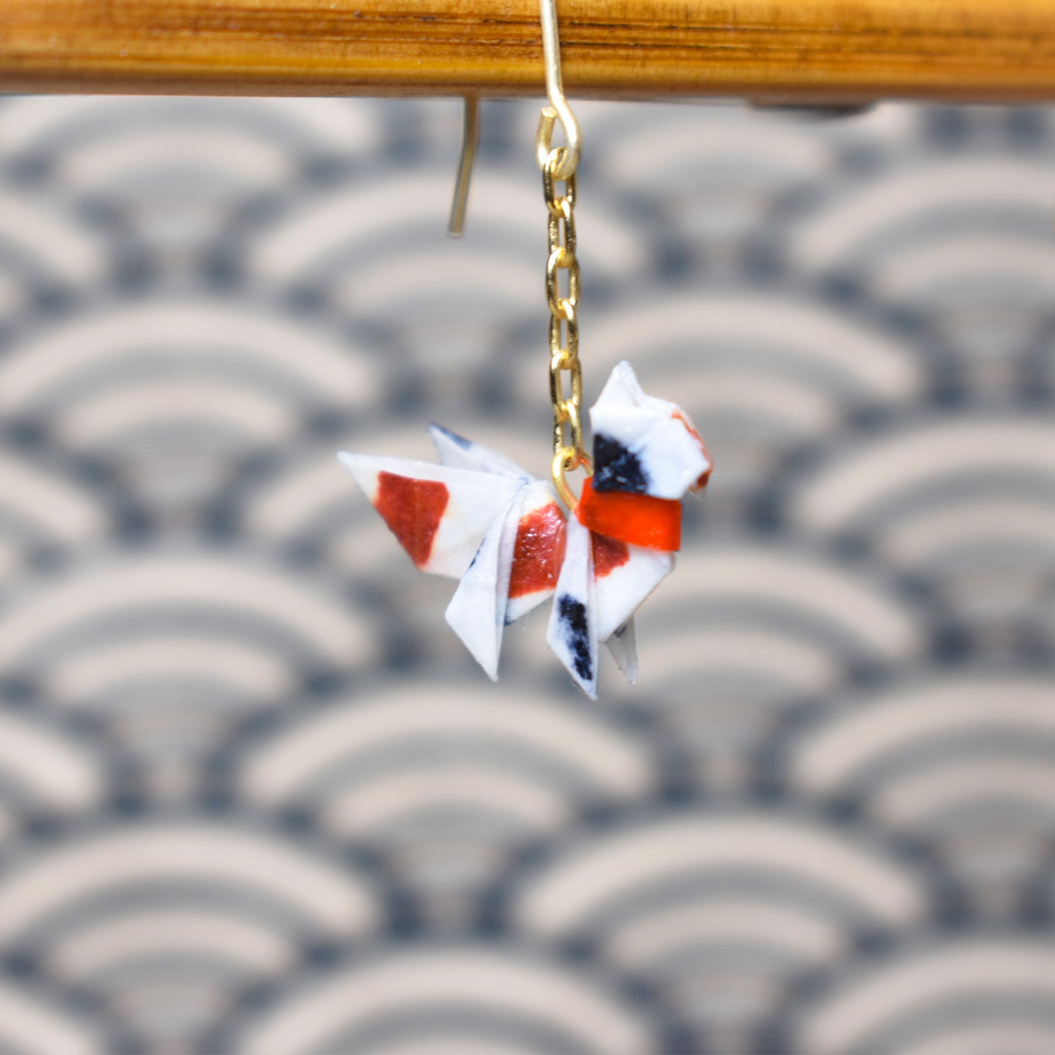 Nekomata Calico Cat & Red Lantern Paper Origami Pierced Earrings