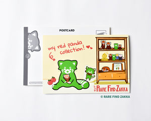 Green red panda and its many toys and plushies postcard