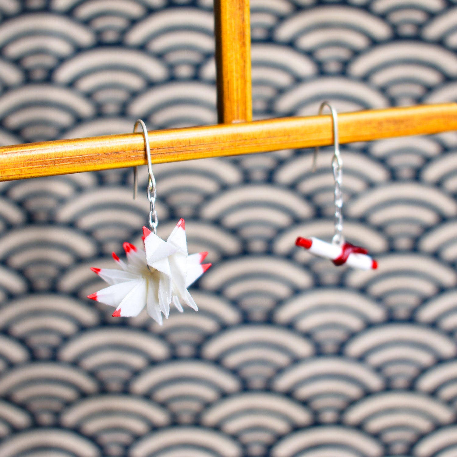 Red and White Nine-tailed Fox & Handscroll Paper Origami Pierced Earrings