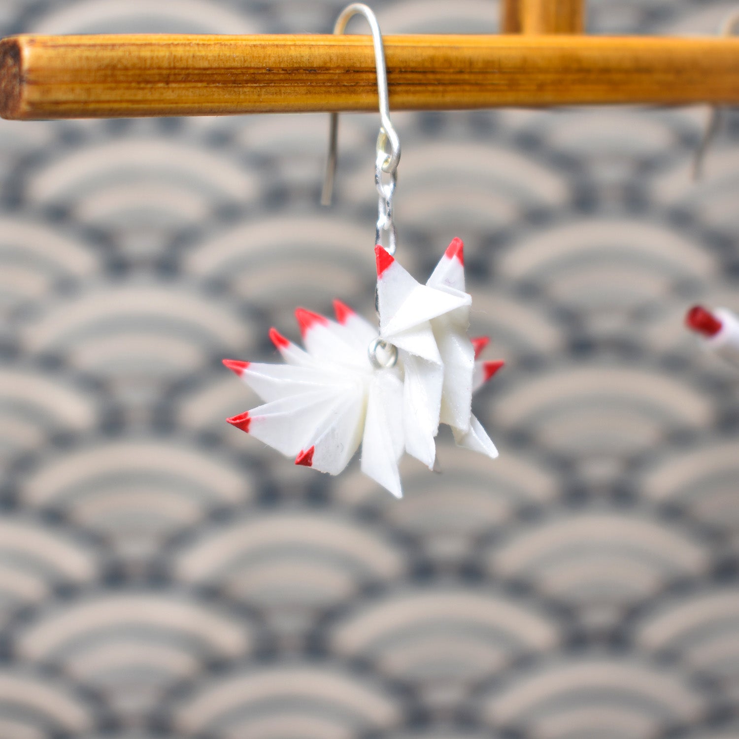 Red and White Nine-tailed Fox & Handscroll Paper Origami Pierced Earrings