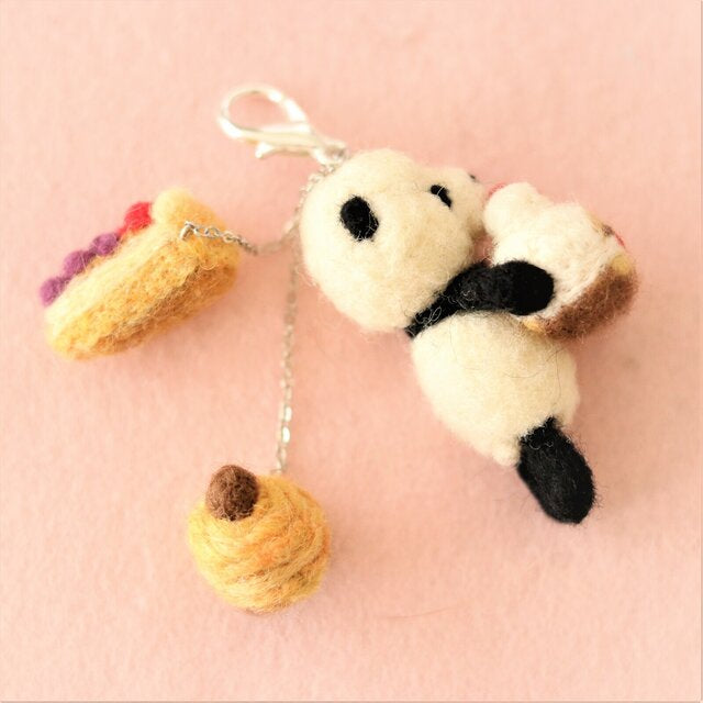 Panda which is crazily in love with cakes Needle Felted Keychain
