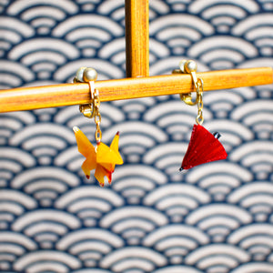 Yellow Fox & Red Umbrella Paper Origami Clip On Earrings