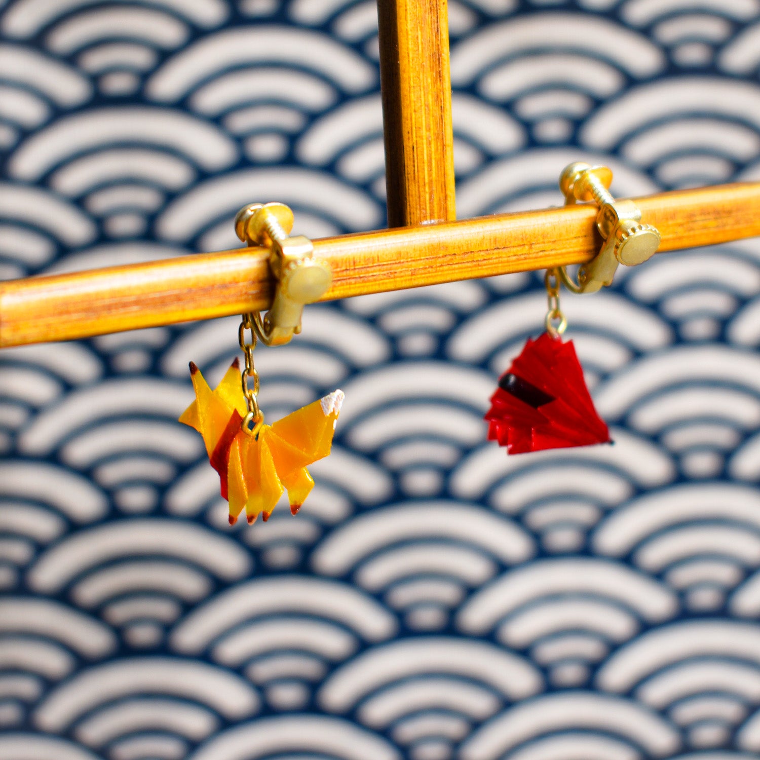 Yellow Fox & Red Umbrella Paper Origami Clip On Earrings