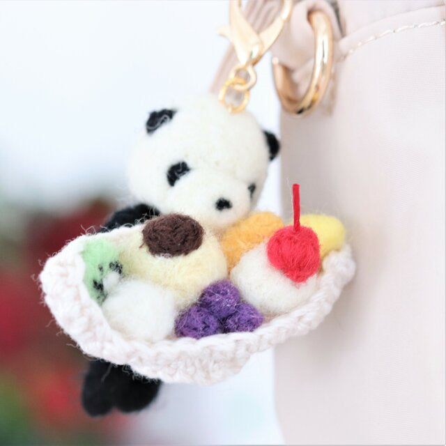 Panda carrying Pudding à la Mode Needle Felted Keychain