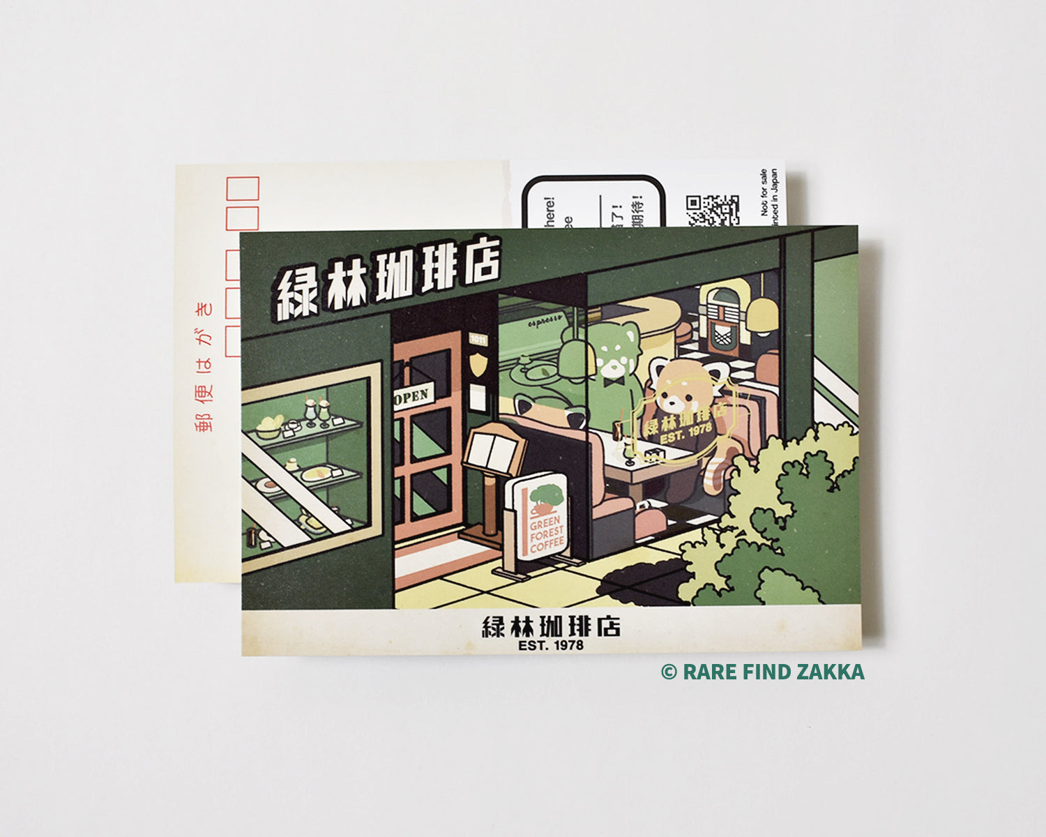 RARE FIND ZAKKA Vintage Style Postcard Green Forest Coffee Shop with Red Panda Redpandas in Made in Japan Limited Campaign Gift