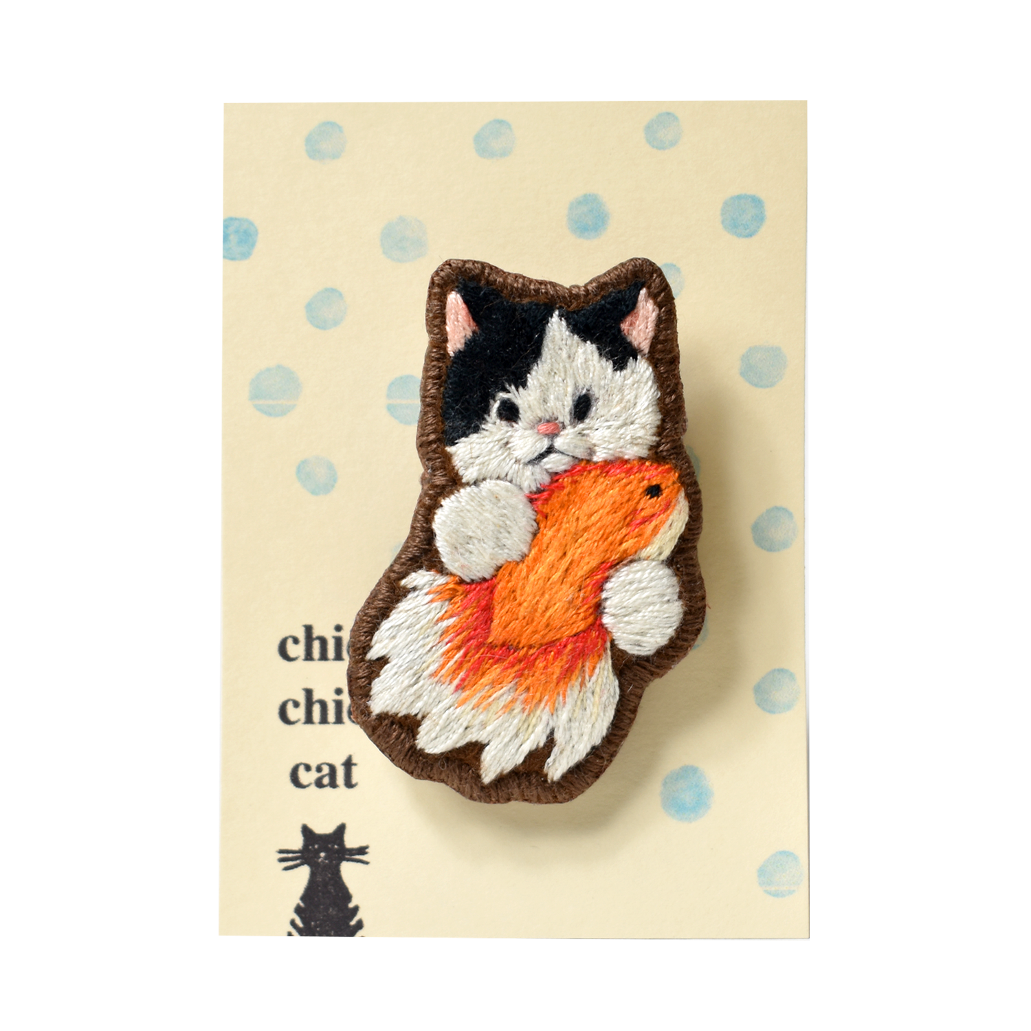 chic_chic_cat japanese handmade black white cat gold fish embroidery badge RARE FIND ZAKKA