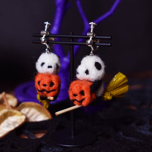 Pandas Riding Broomsticks Needle Felted Clip On Earrings -Halloween Limited Edition-