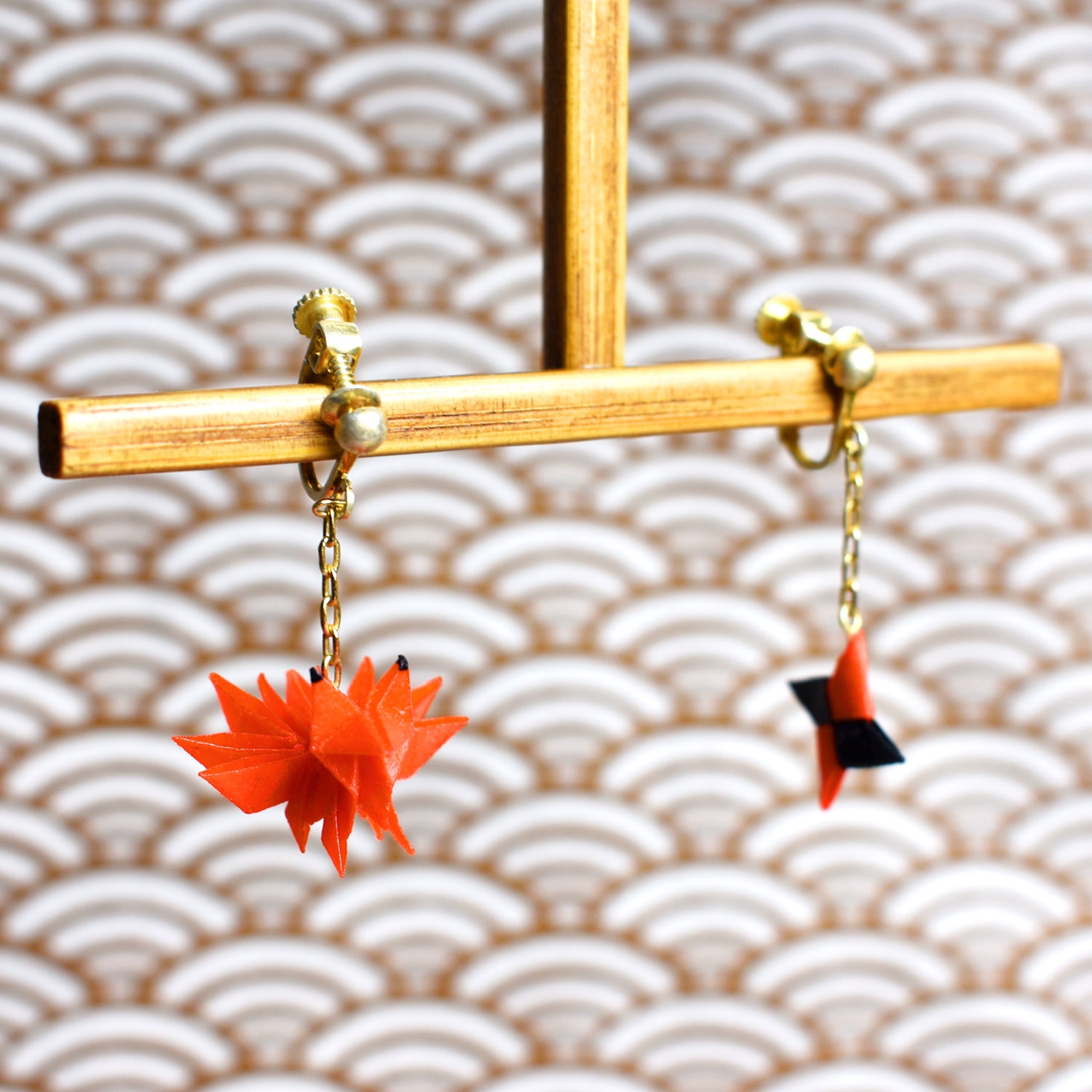 Japanese handmade paper origami nine tailed fox shuriken earrings