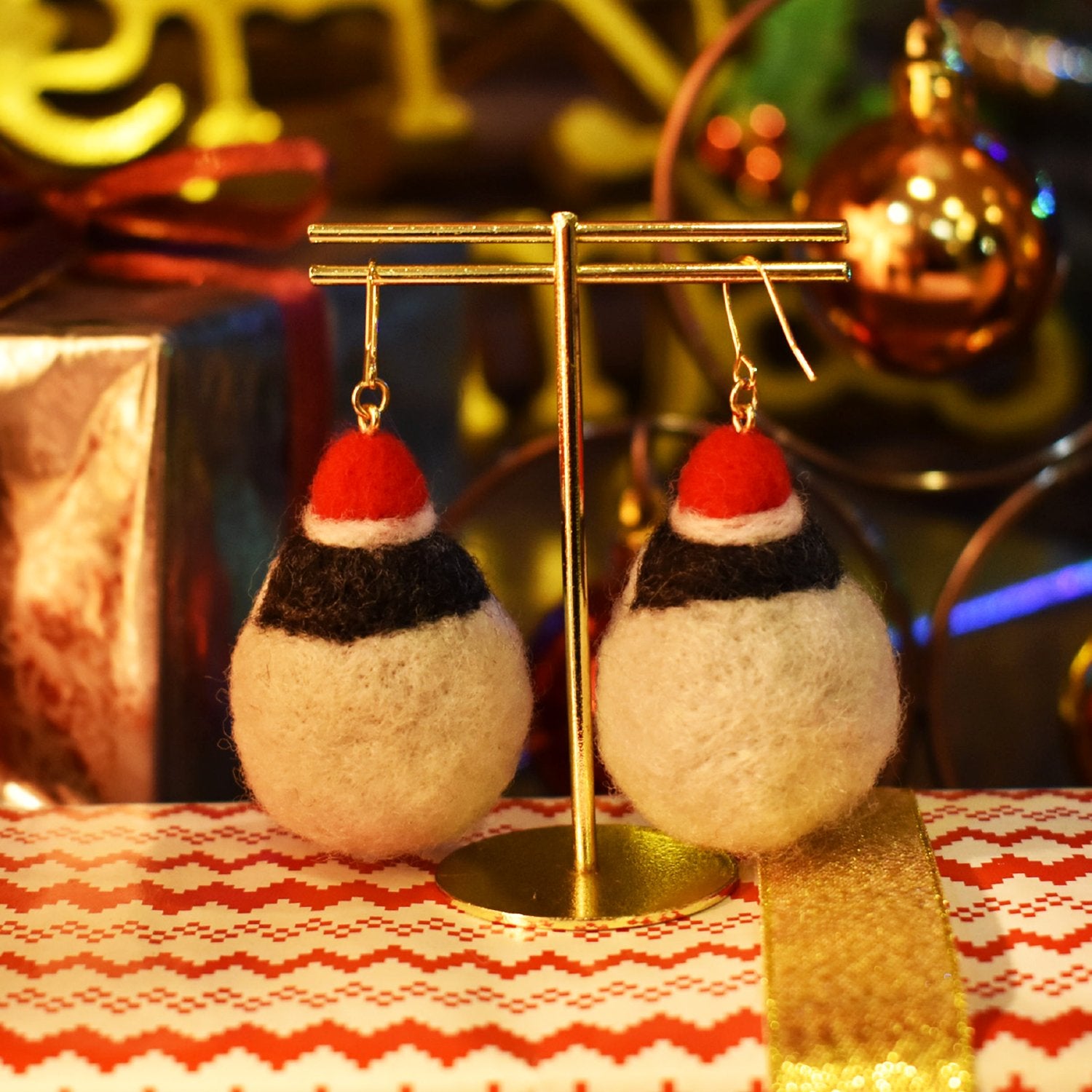 Penguin Needle Felted Pierced Earrings -Christmas Limited Edition-