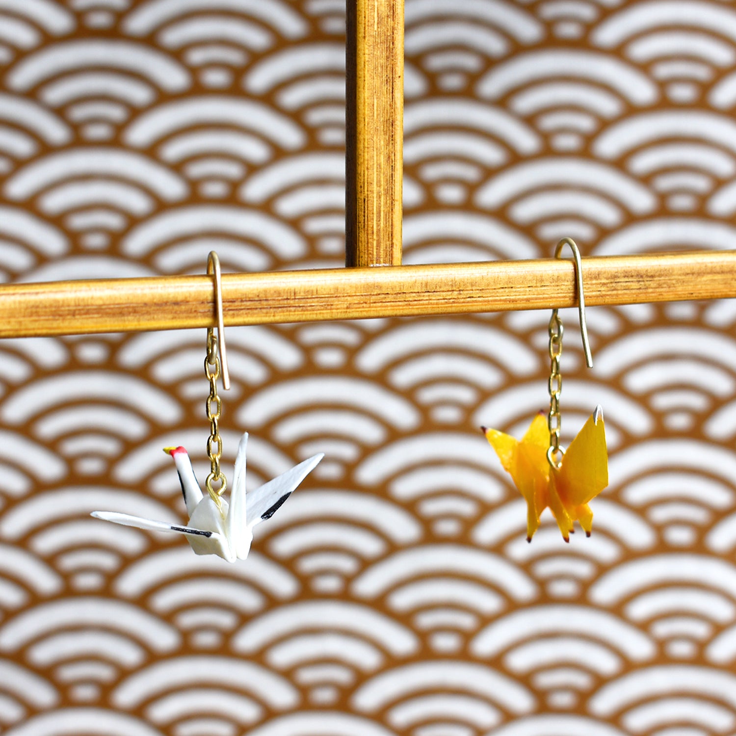 White Crane & Yellow Fox Paper Origami Pierced Earrings