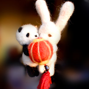Panda and Rabbit holding a Chinese Lantern Needle Felted Brooch