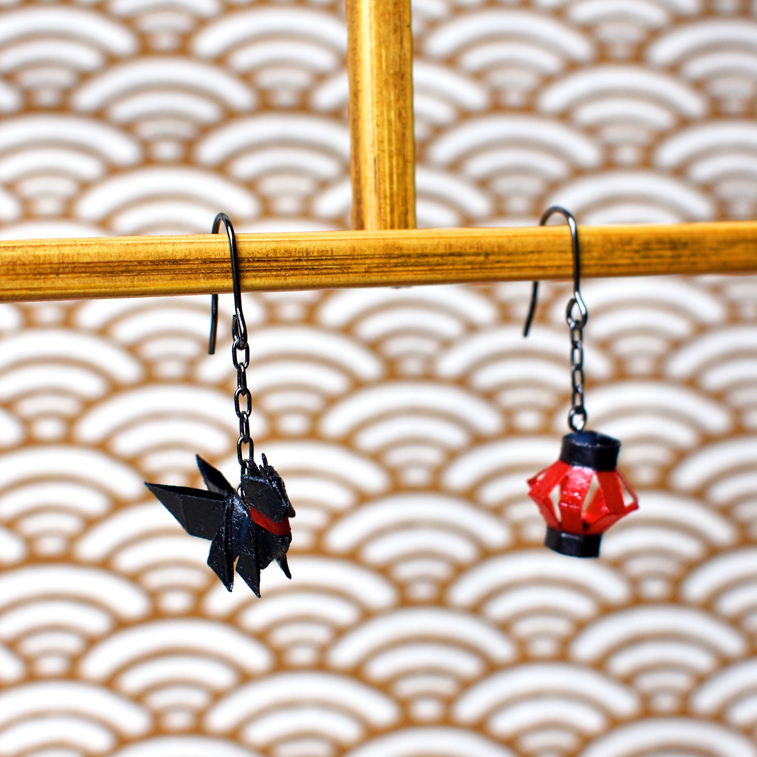 Nekomata Black Cat & Red Lantern Paper Origami Pierced Earrings