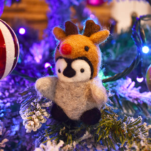 Penguin wearing a Reindeer Hat Needle Felted Figure -Christmas Limited Edition-