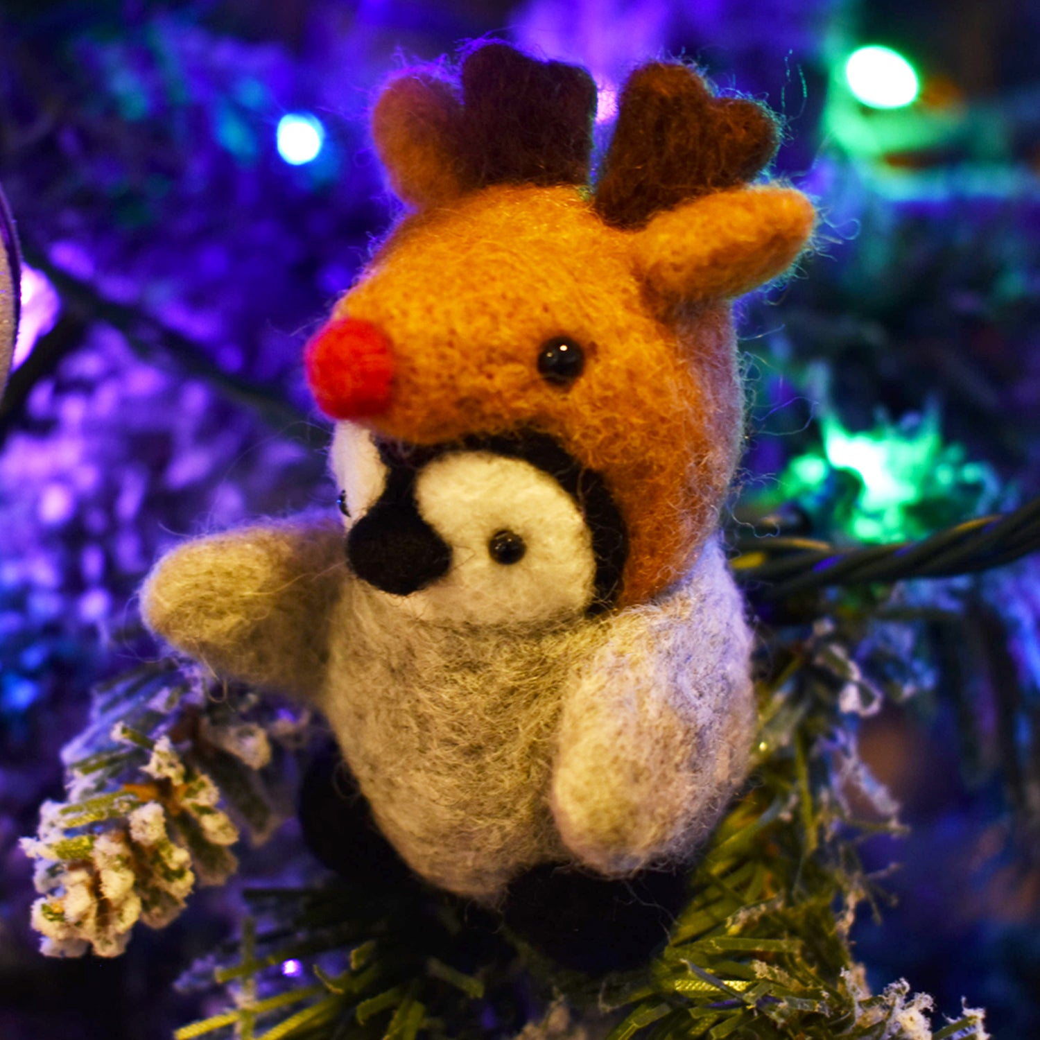 Penguin wearing a Reindeer Hat Needle Felted Figure -Christmas Limited Edition-
