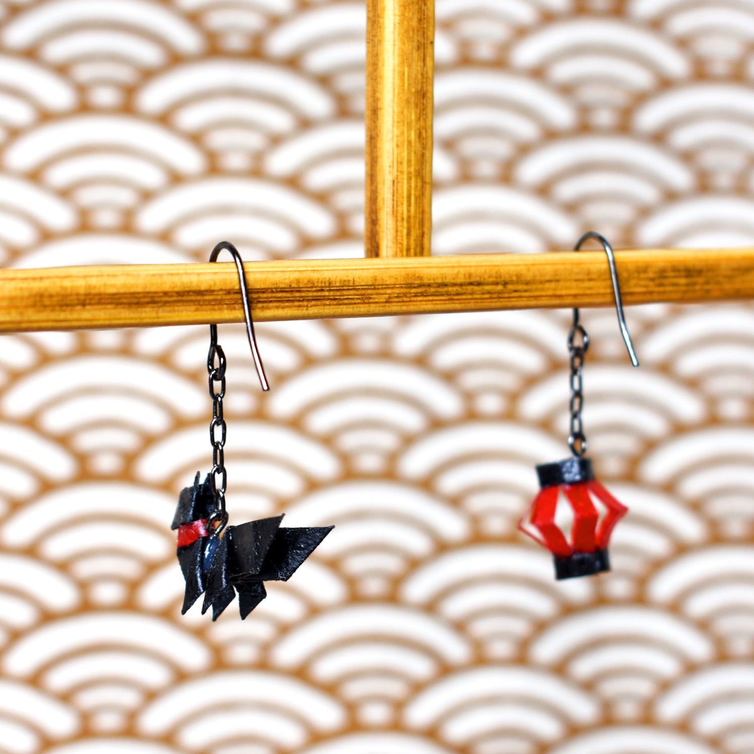 Nekomata Black Cat & Red Lantern Paper Origami Pierced Earrings