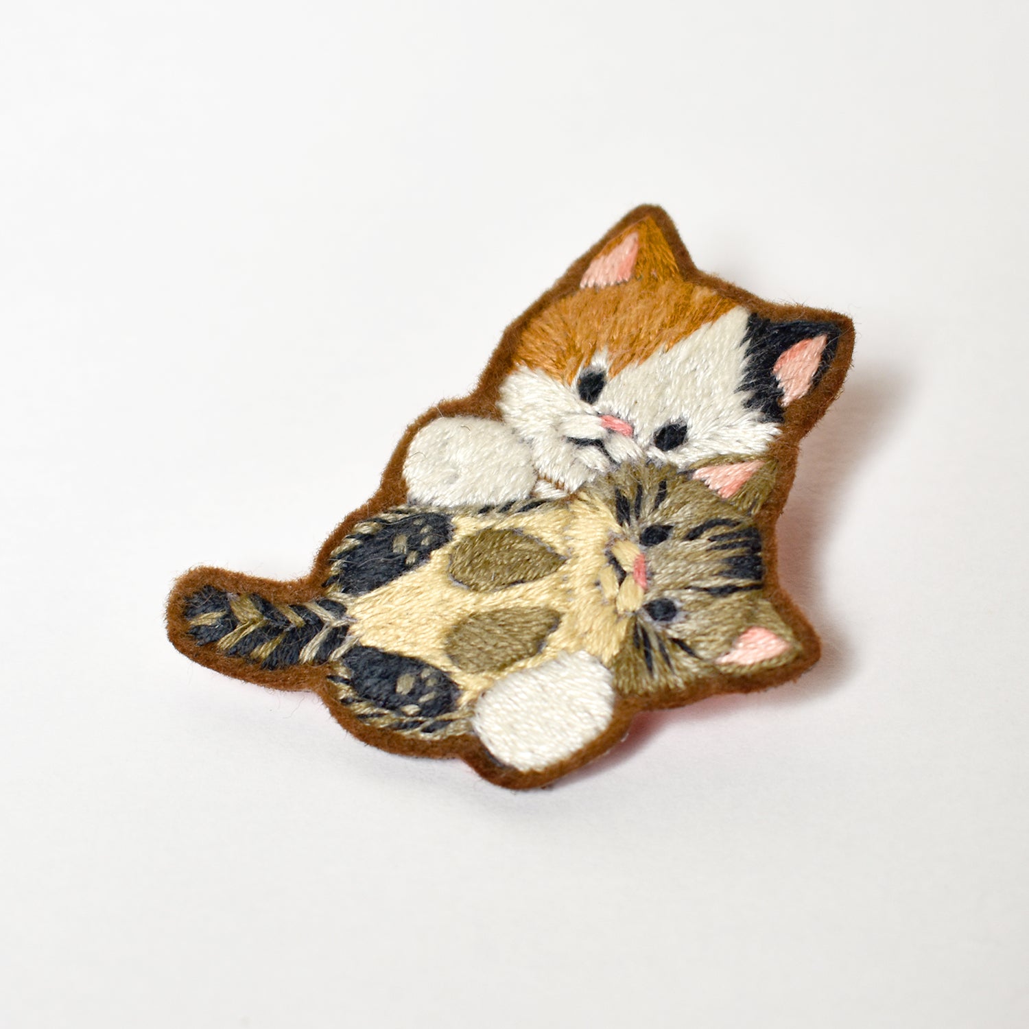 Calico Cat Holding a Baby Cat Embroidered Brooch