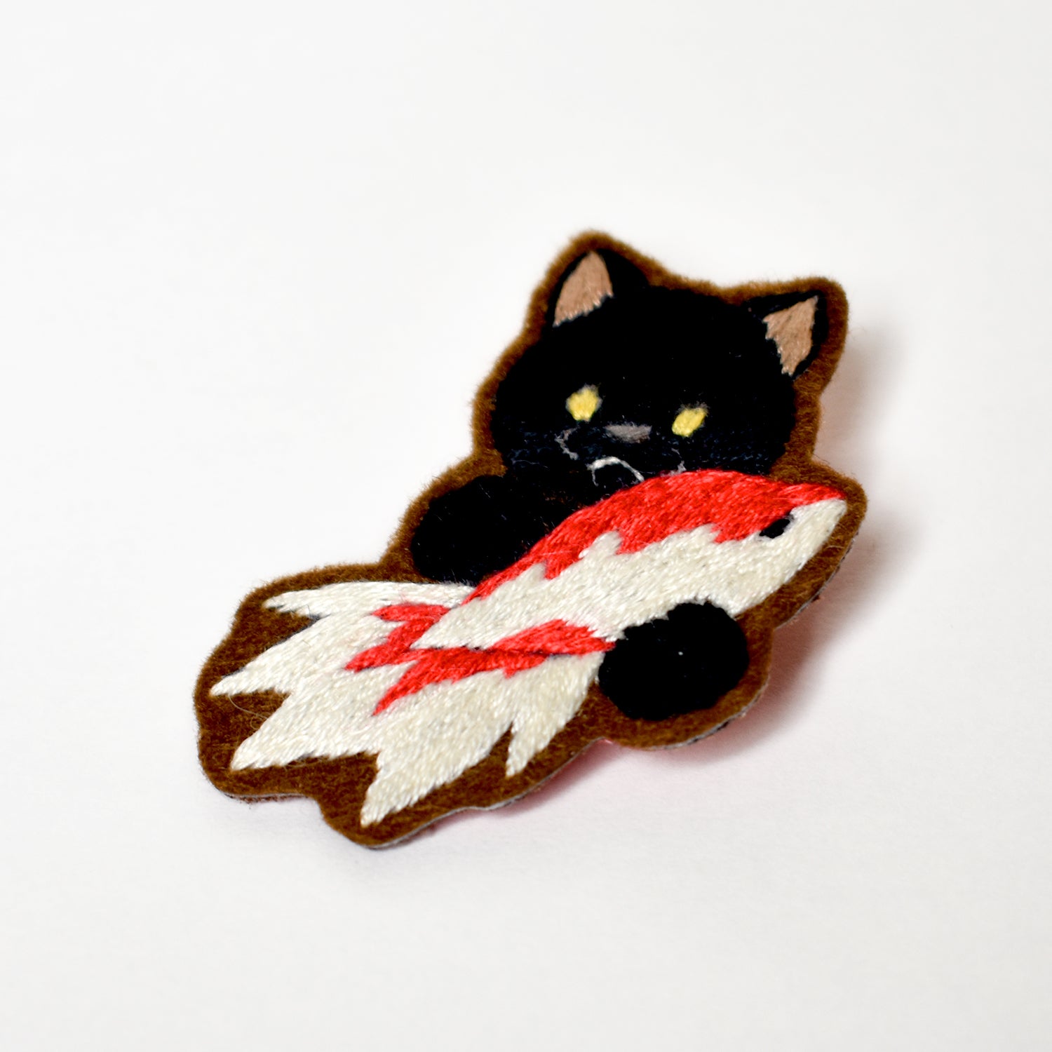 Black Cat Holding a Gold Fish Embroidered Brooch