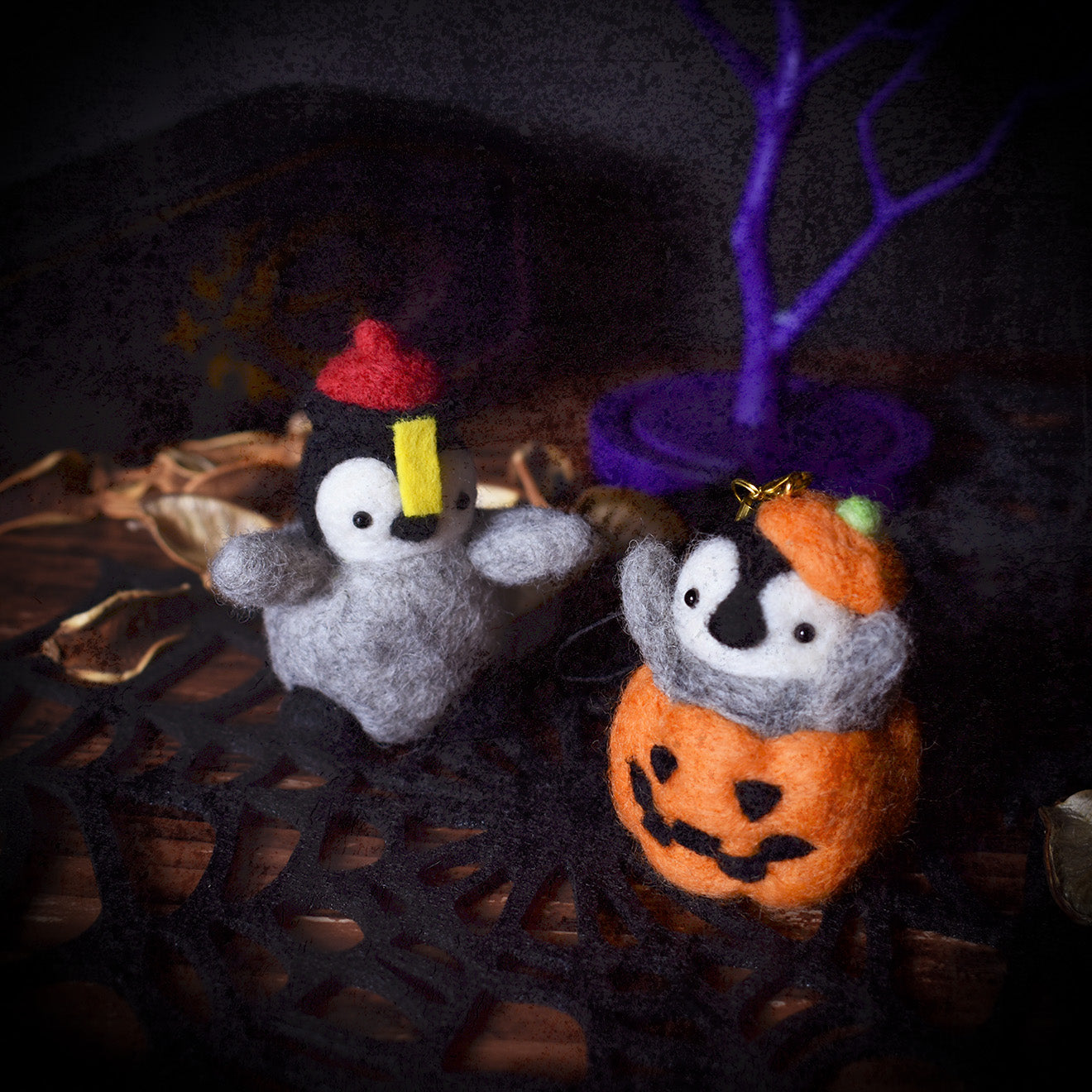 Trick or Treat! Penguin Coming Out of a Pumpkin Needle Felted Keychain -Halloween Limited Edition-