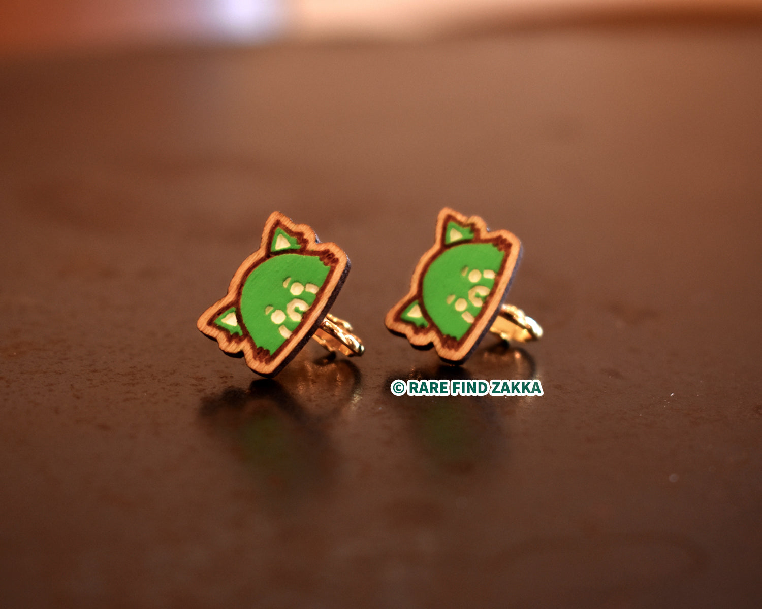 Hand painted tiny green red panda wooden gold earrings
